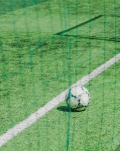 Soccer ball near the touchline on a football field